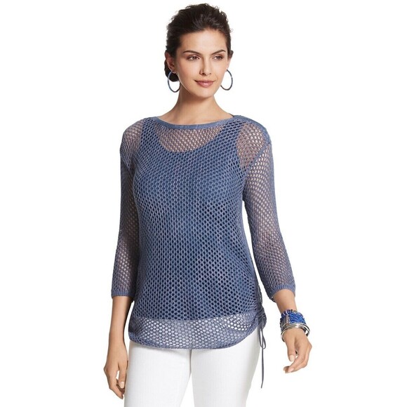 Chicos Bayla Open-Knit Sweater Blue Size 0 / Small Textured Drawstring Sides - Picture 2 of 16